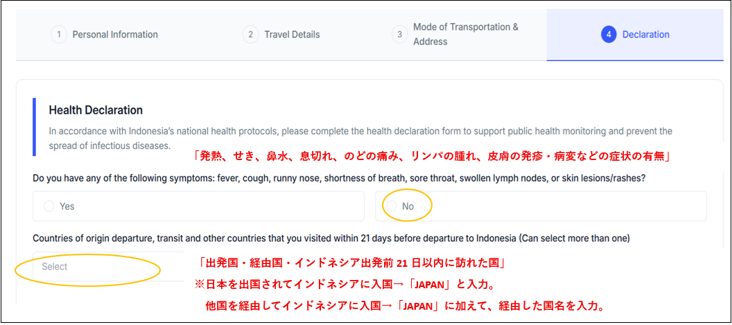 All Indonesia の Health Declaration（健康状態）入力画面の例