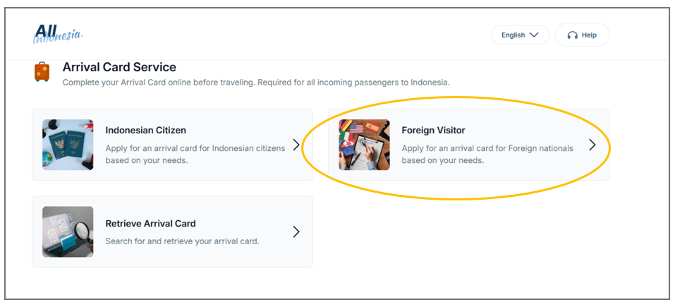All Indonesia のホーム画面。選択カードから「Foreign Visitor」をクリックする例